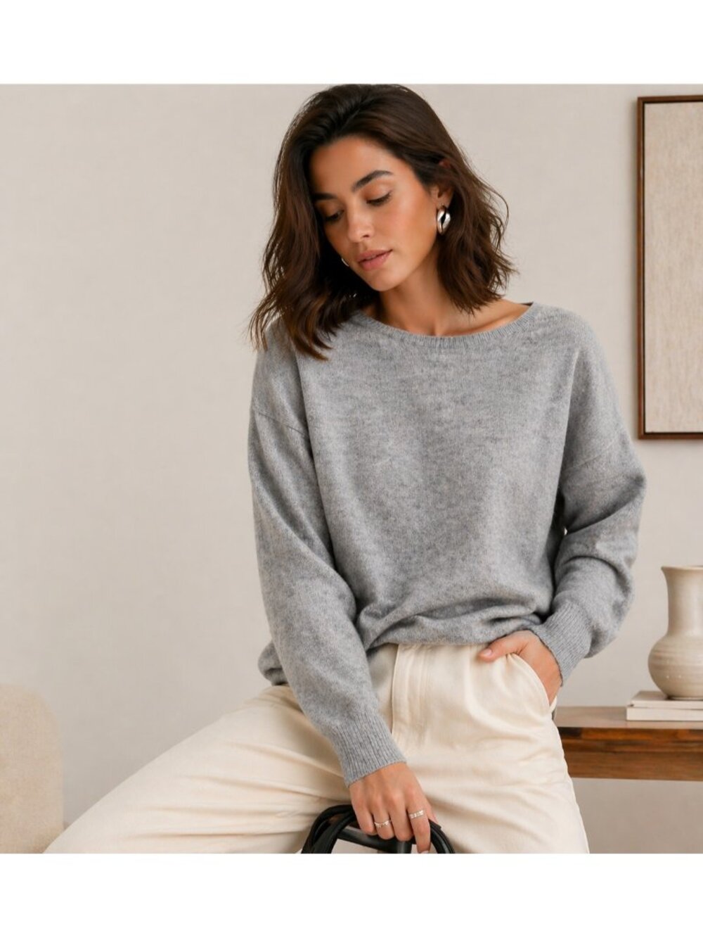 Le Kasha 100% Cashmere Sweater Gray M Women Crewneck Luxury Soft Knit Pullover